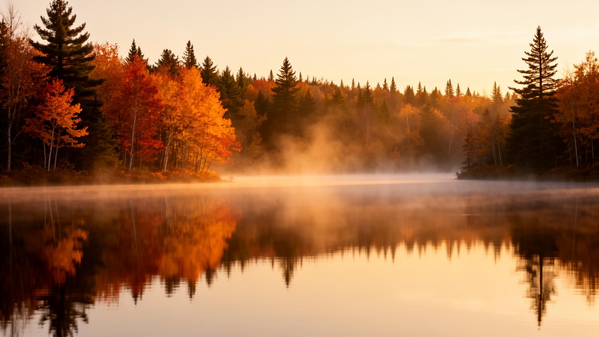 Lac Boisson au lever du jour, brume dorée et forêt automnale des Laurentides